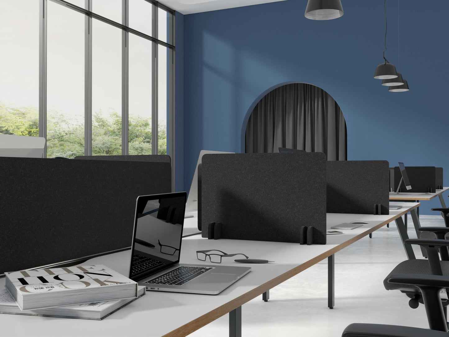 Acoustic felt desk dividers - felt slate color - room view render